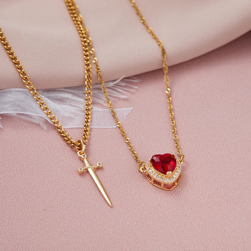 Heart and Sword Necklace Set