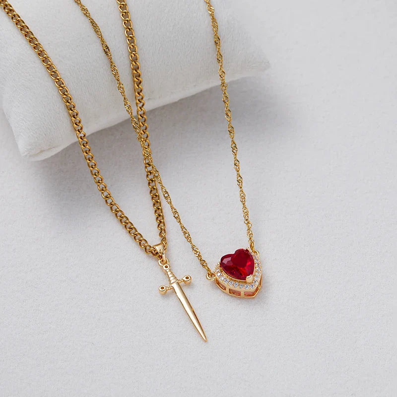 Heart and Sword Necklace Set